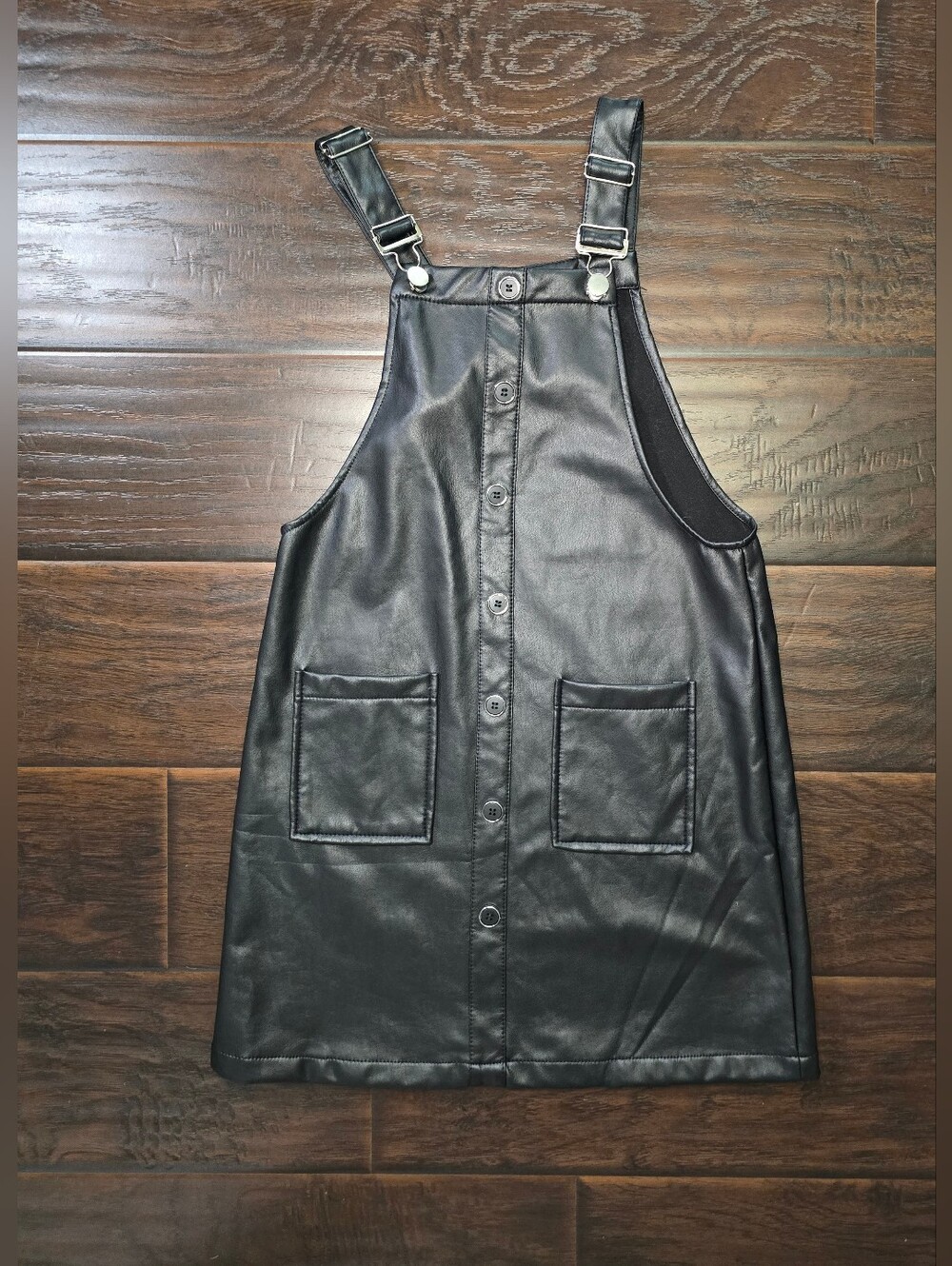 Girls Black Faux Leather Button Front Overall Dress with Pockets Large